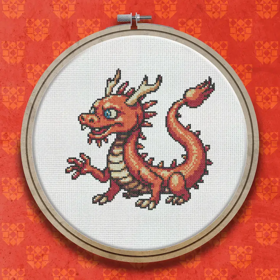 A red oriental dragon with golden scales, claws raised, curling tail, and decorative horns, shown in a lively side pose against a plain background.