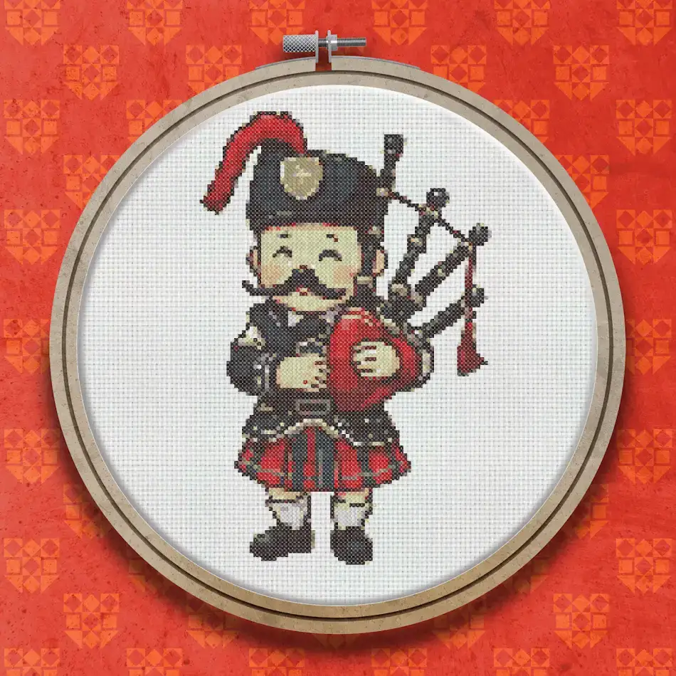 Pixel art style cross stitch design of a moustachioed Scottish bagpiper wearing a red military cap, black jacket, and red tartan kilt, playing the bagpipes.