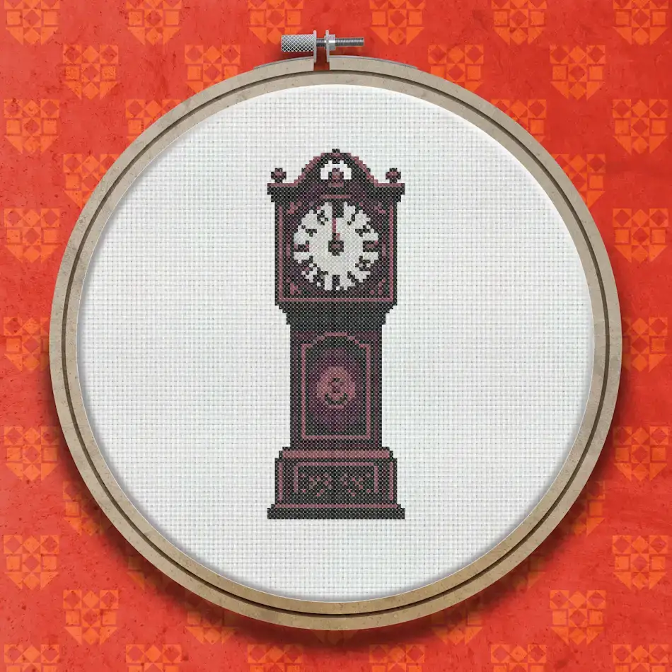 Cross stitch design of a tall dark wooden grandfather clock with a round clock face, decorative casing, and ornate detailing in deep red and brown tones.