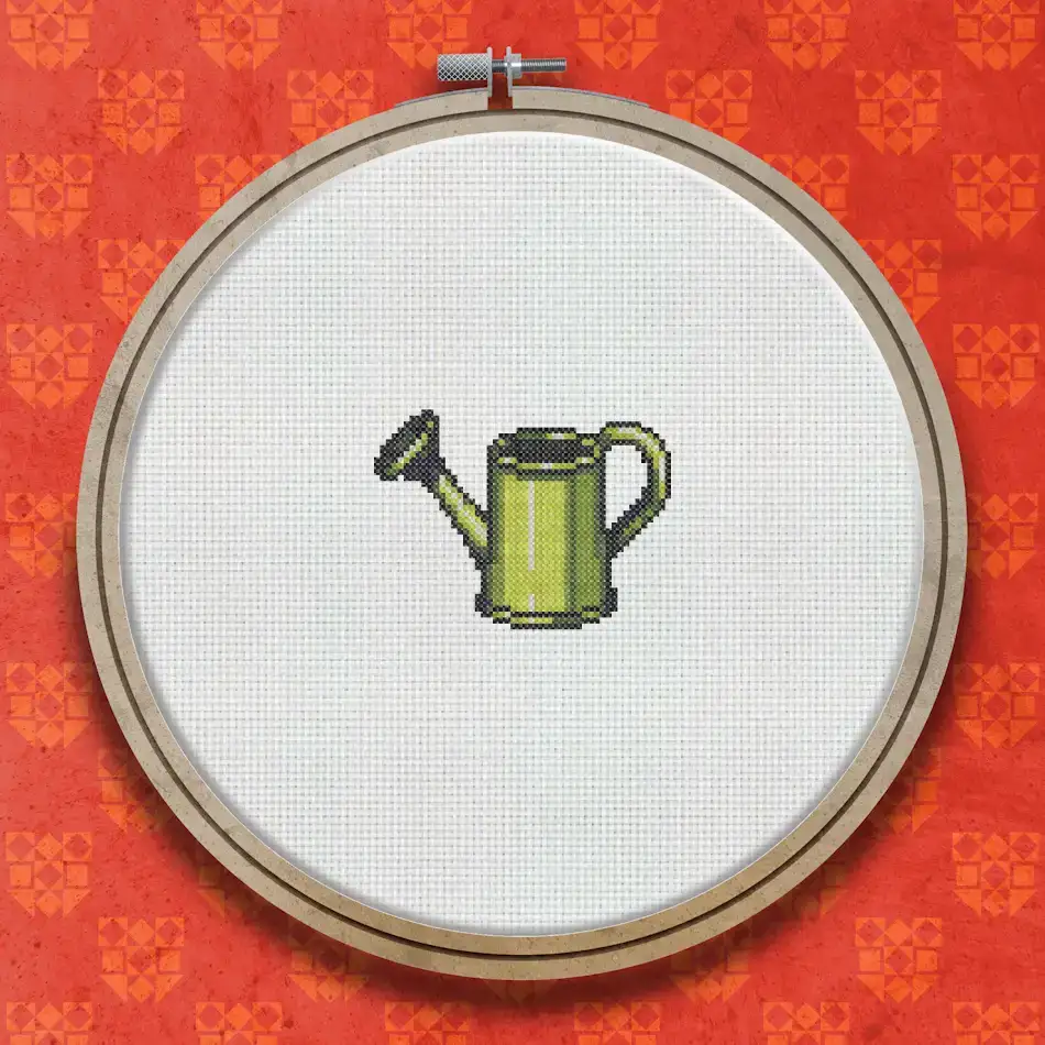 Cross stitch pattern of a light green vintage watering can with a long spout and rounded body, shown on a white background.