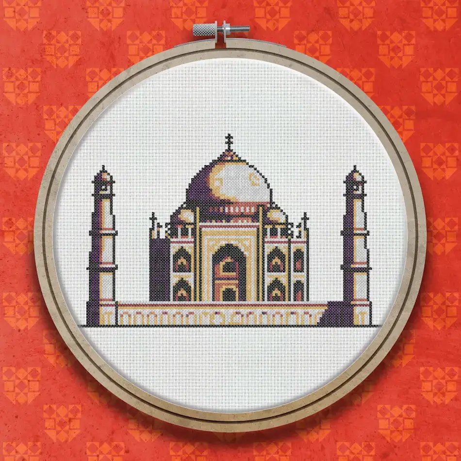 Cross stitch design of the Taj Mahal showing a white central dome, four minarets, and a pale facade against a light background in a simple graphic style.