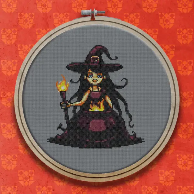 Witch With Torch and Cauldron cross stitch pattern