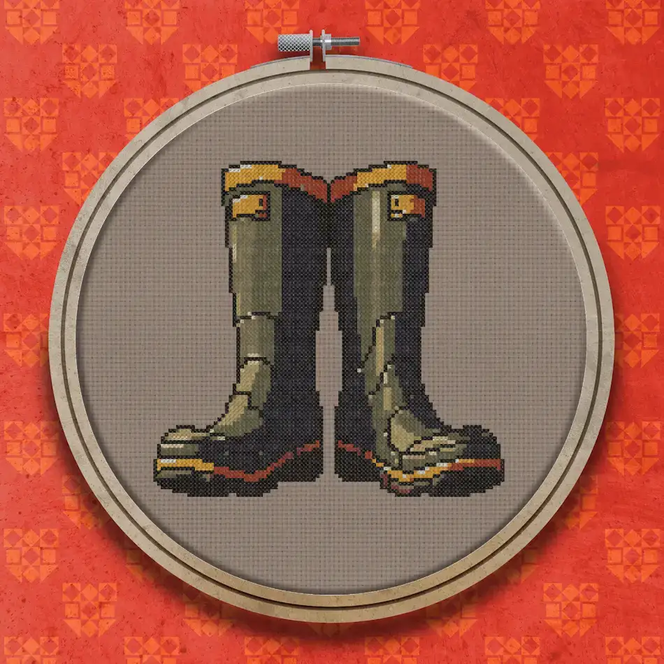 Cross stitch design of a pair of dark green wellington boots with brown tops and orange trim details, viewed from the front.