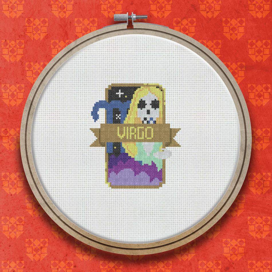 Cross stitch design of a robed hooded figure with a gold Virgo banner, set against a dark purple background with stars and a decorative border.