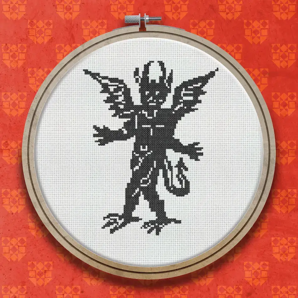 Cross stitch pattern of a horned winged demon figure standing upright, rendered in a single dark colour in bold woodcut illustration style.