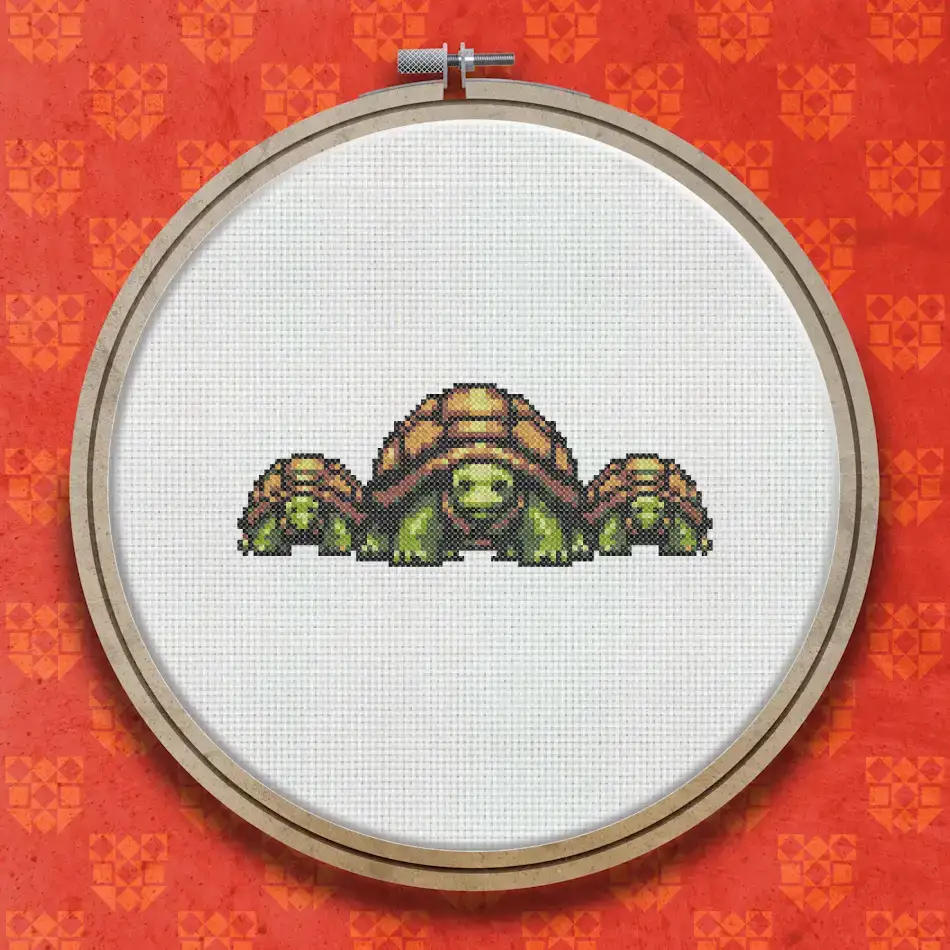 Cross stitch pattern showing three green and brown tortoises walking in a row, viewed from a slightly elevated angle, with domed shells and sturdy legs.