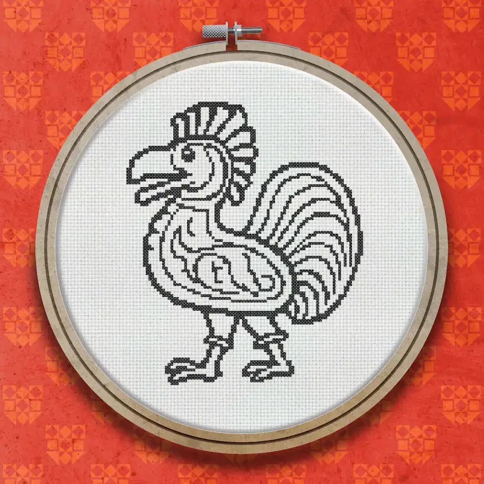 Cross stitch design of a rooster in woodcut style, shown in black on white, with detailed feathers, a raised tail, and one foot lifted mid-stride.