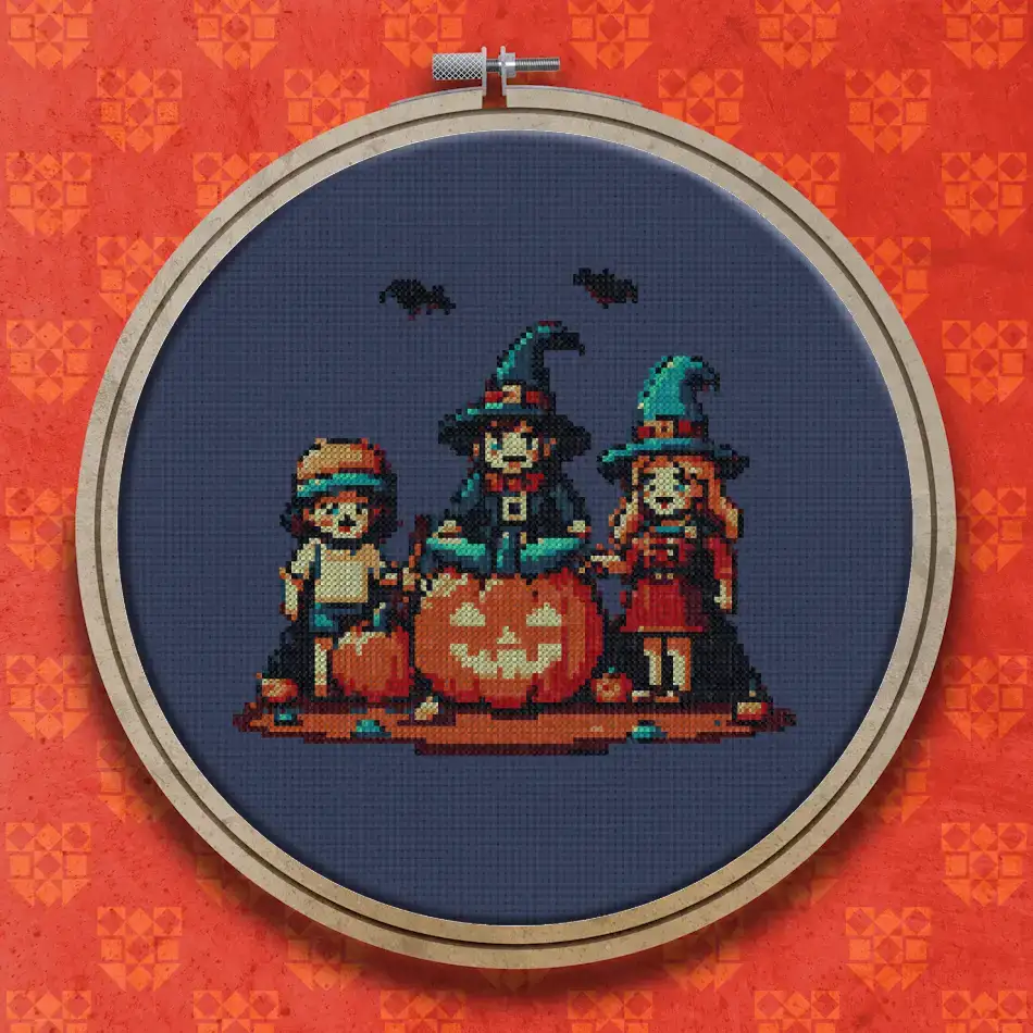 Three children in witch costumes and hats sit around a large glowing carved pumpkin, with bats flying above them.
