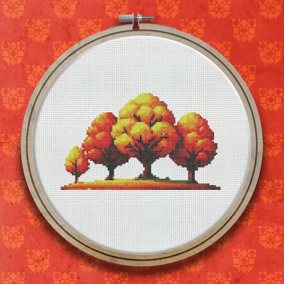 Three round-canopied autumn trees in shades of orange, gold, and red-brown, clustered together on a small earthy mound against a pale background.