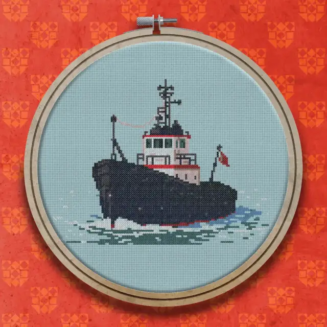 Black Tugboat on Rippling Water cross stitch pattern