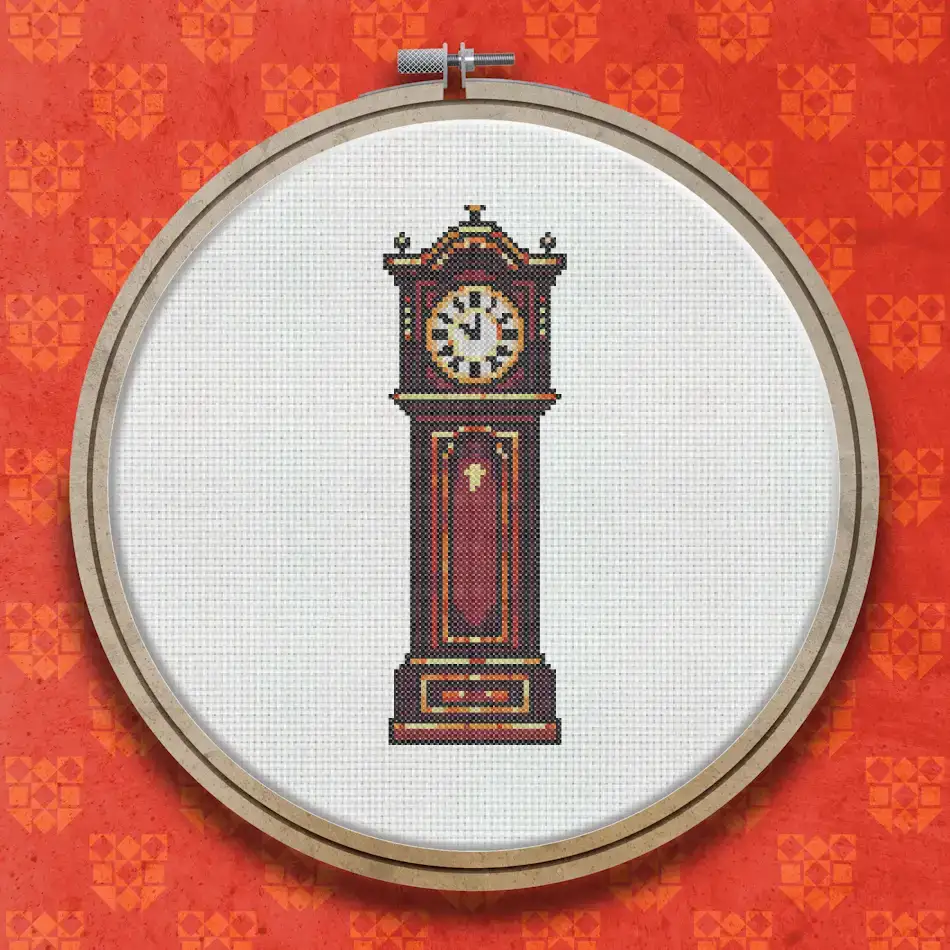 Cross stitch design of a tall wooden grandfather clock with a dark mahogany case, round clock face, and decorative carved top, shown in warm red-brown tones.