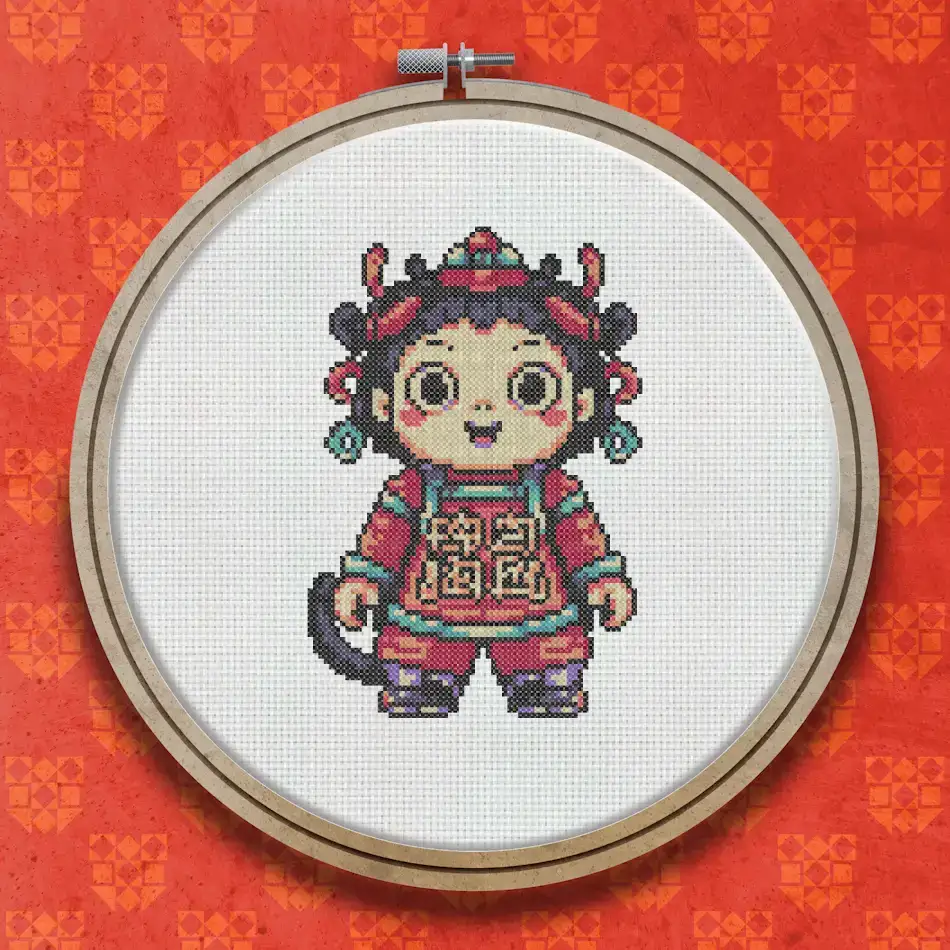 Cross stitch design of a smiling child wearing a red traditional Chinese festive outfit with gold and decorative detailing, standing in a cheerful pose.