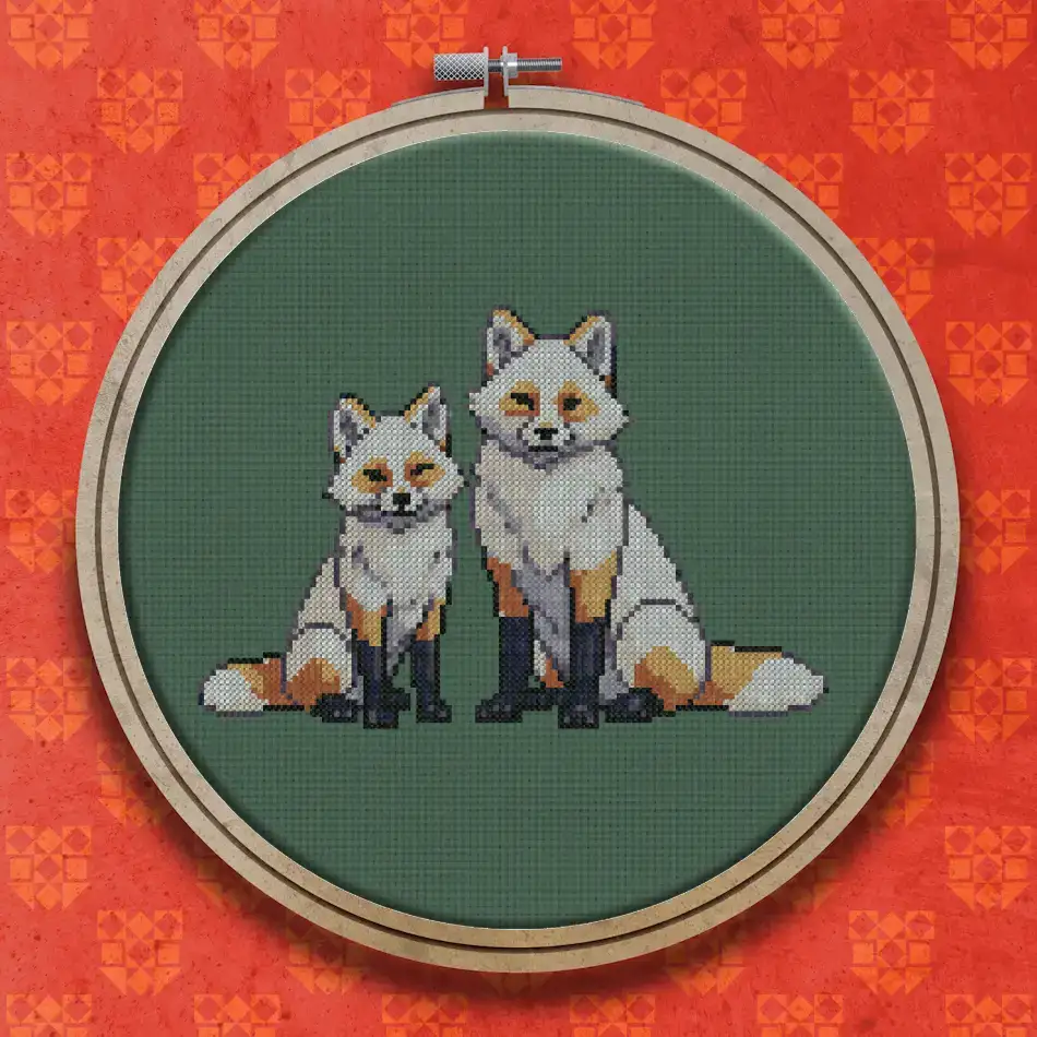 Two foxes sitting side by side, with orange ears and backs, cream faces and chests, dark legs and bushy tails, on white.