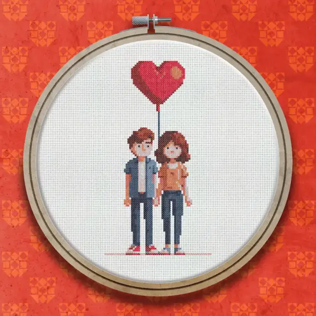 Valentine's Couple with a Heart Balloon cross stitch pattern
