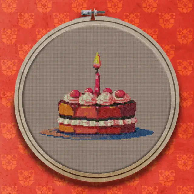 Strawberry Cake With Lit Candle cross stitch pattern