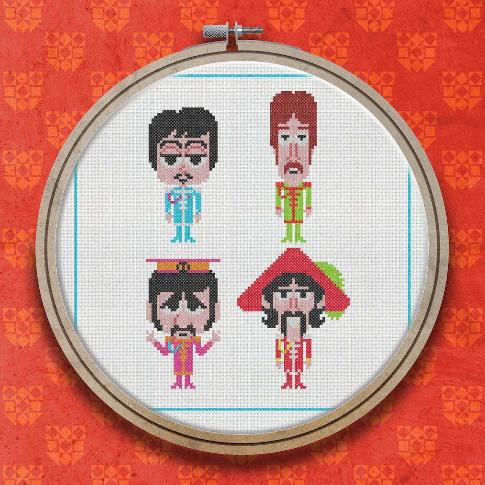 Cross stitch design showing four cartoon-style figures in colourful outfits, arranged in a two-by-two grid against a white background.