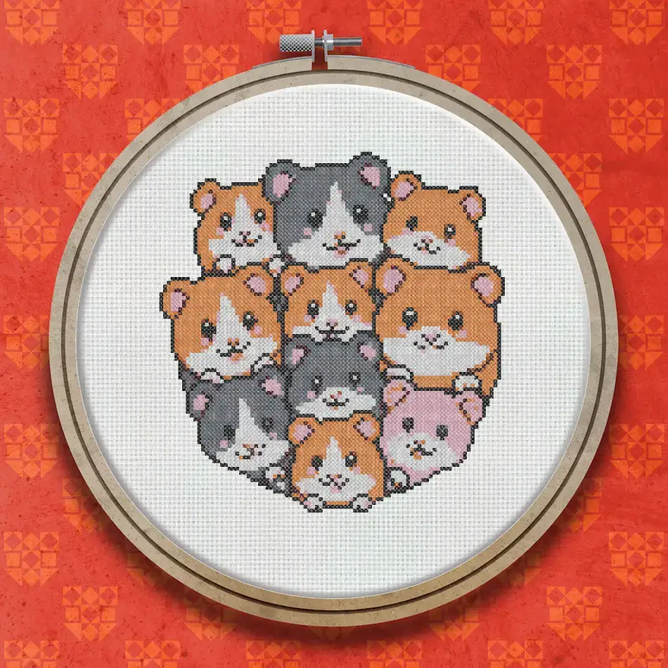 A circular huddle of nine cute hamsters with varied fur colours including golden, grey, white and black, each with large dark eyes and a cheerful expression.