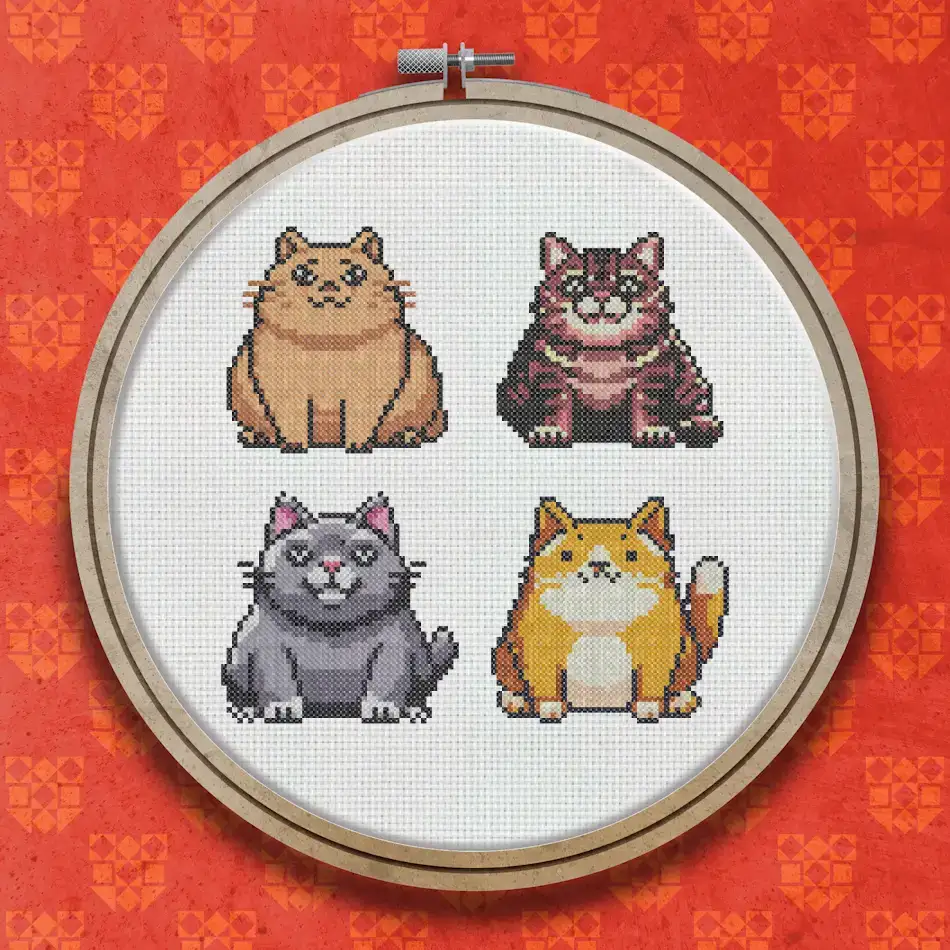 Four chubby cartoon-style cats side by side: a brown tabby, a dark striped cat, a grey cat, and an orange and white cat.