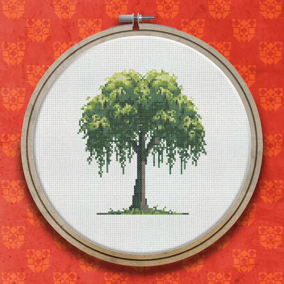 Cross stitch design of a weeping willow tree with a full leafy canopy and long trailing green branches on a white background.