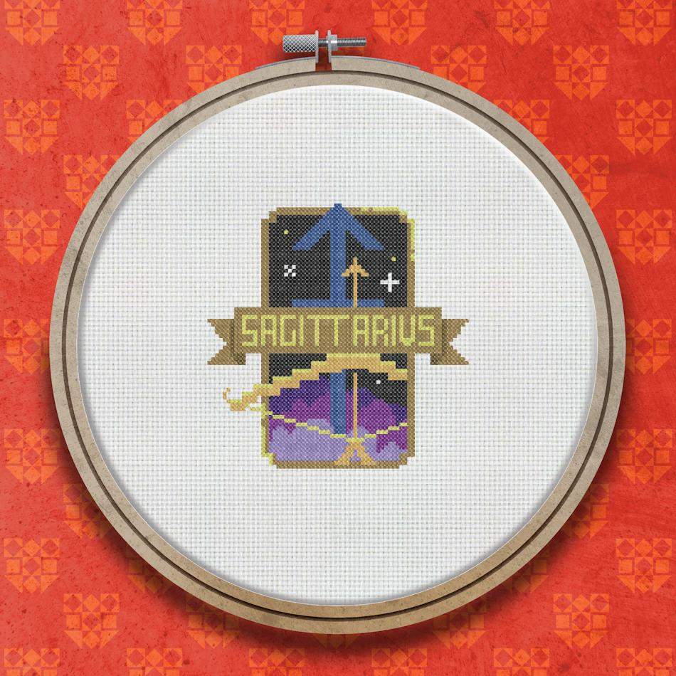 Cross stitch design showing the word Sagittarius with an archer arrow symbol on a dark purple background with a decorative geometric border and gold star accents.