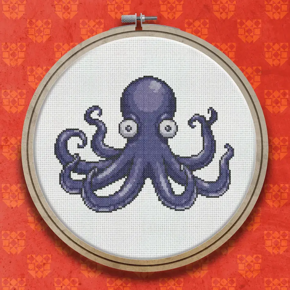 Cross stitch design of a dark purple octopus with large round eyes and eight curling tentacles, shown on a white background.