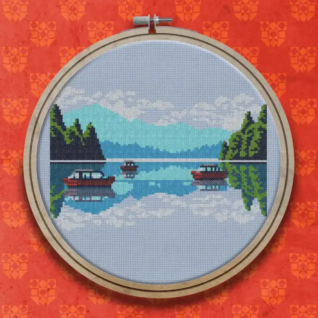 Rowing Boats on a Mountain Lake cross stitch pattern