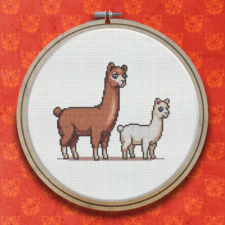 Cross stitch pattern of two alpacas standing together, one brown and one cream-coloured, shown in full body side view on a white background.