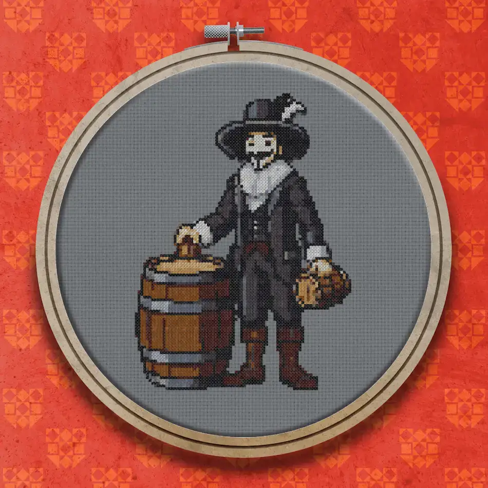 Bearded man in black feathered hat and doublet, hand on a wooden barrel, holding a small wooden tankard