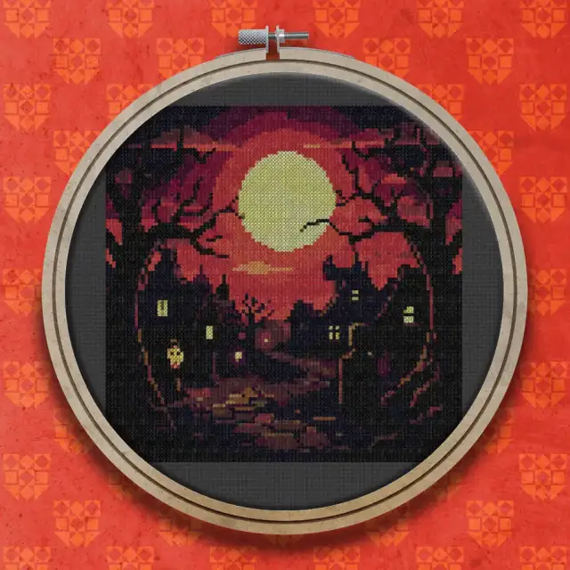 Haunted Village Under a Full Moon cross stitch pattern