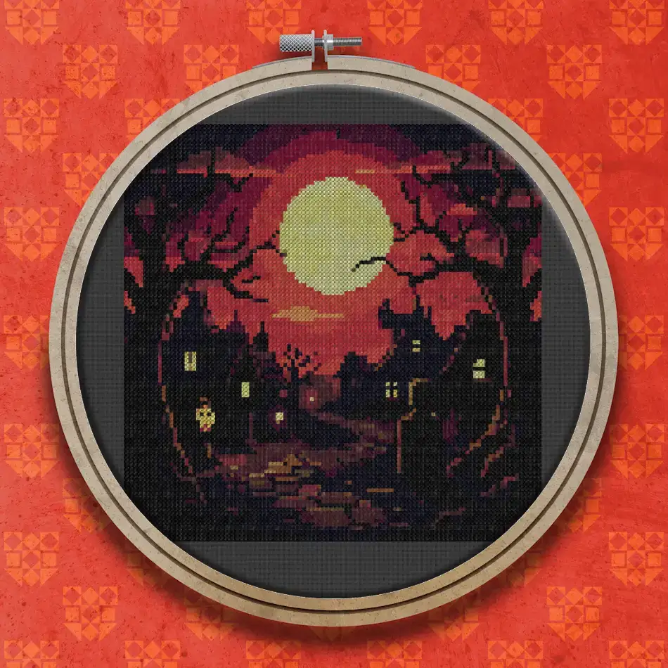 Full yellow moon over a red sky, framed by bare twisted trees and dark gothic houses with glowing windows on a spooky night