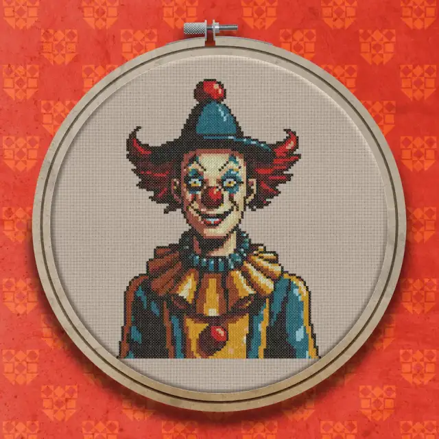 Grinning Clown with Ruffled Collar cross stitch pattern