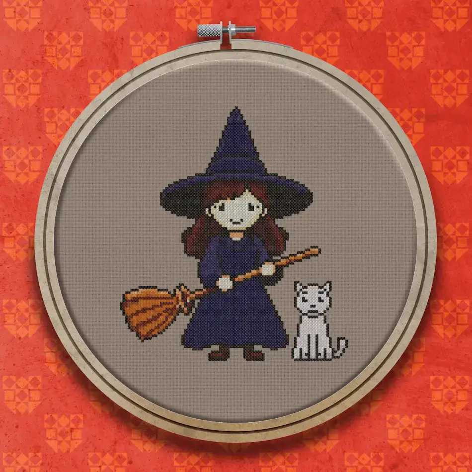 Smiling witch with long brown hair, blue dress and pointed hat holding a wooden broomstick, with a grey cat sitting beside her