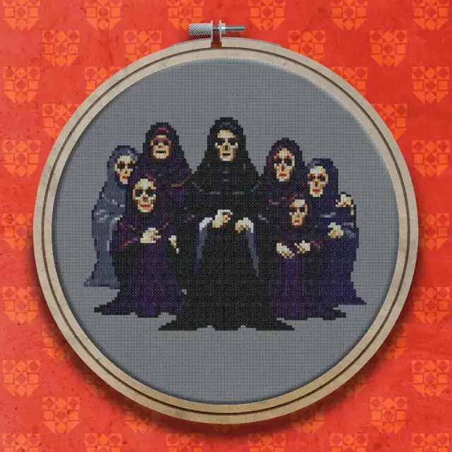 Hooded Reaper and Robed Skulls cross stitch pattern
