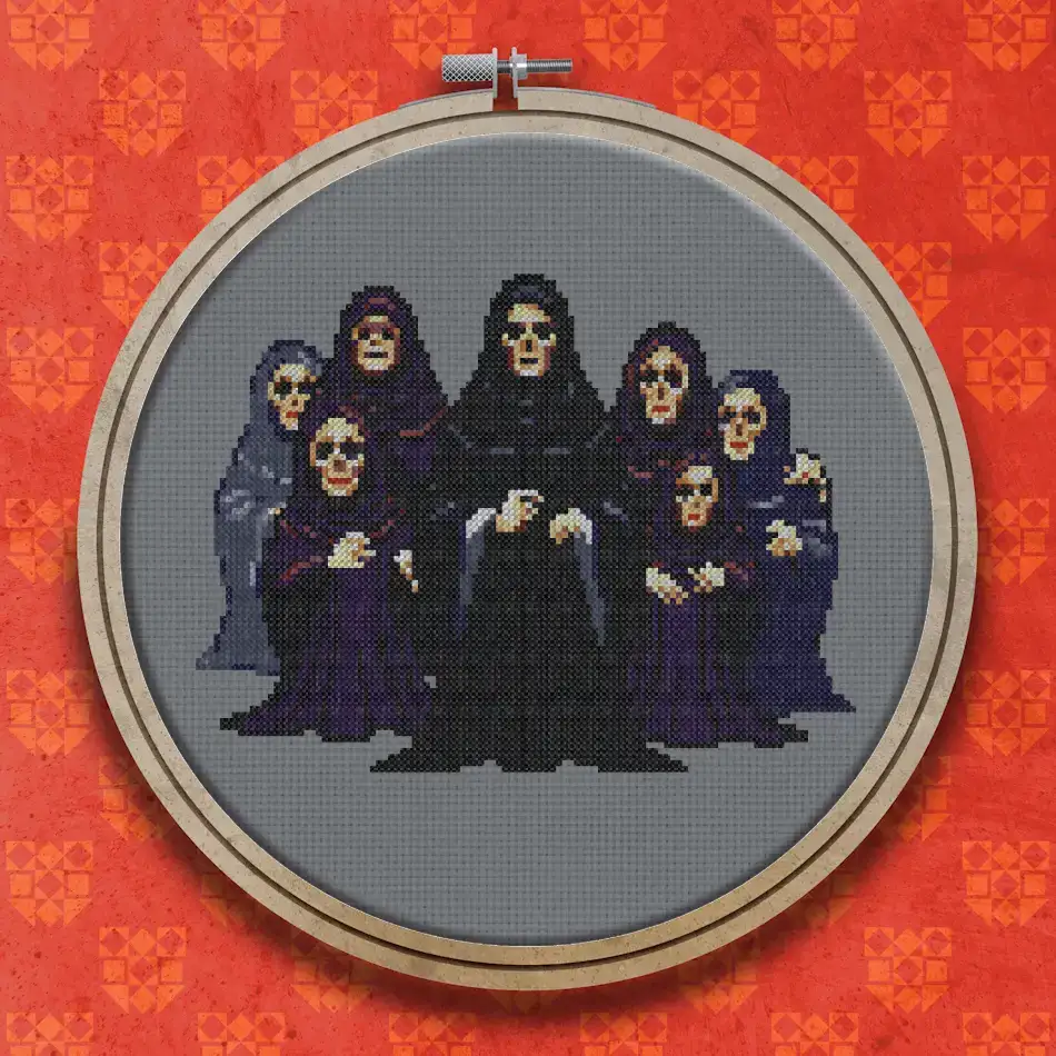 Black-robed hooded figure with a pale skull face surrounded by six purple-hooded skull figures on a white background