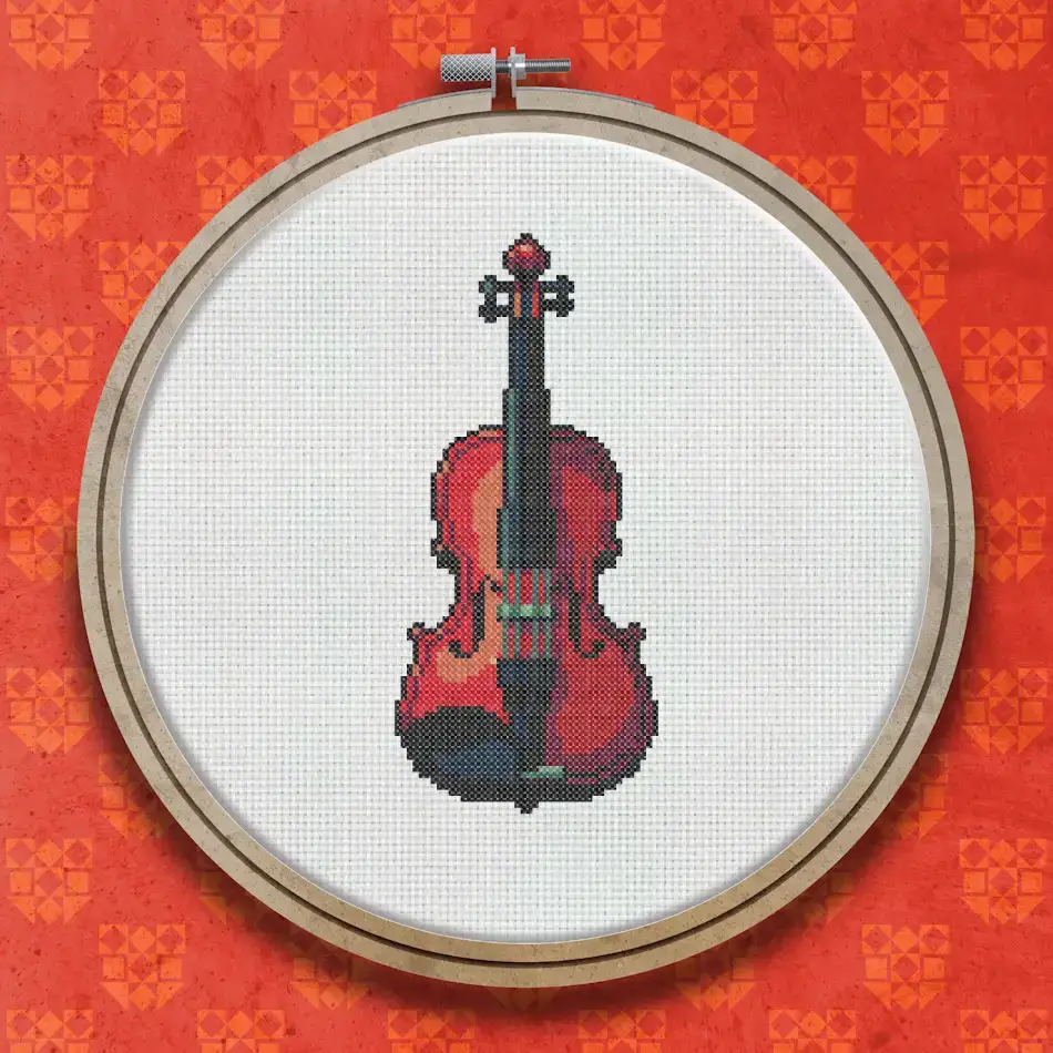 Cross stitch pattern of a violin in rich reddish-brown tones, shown upright with visible strings, f-holes, scroll, and tailpiece.