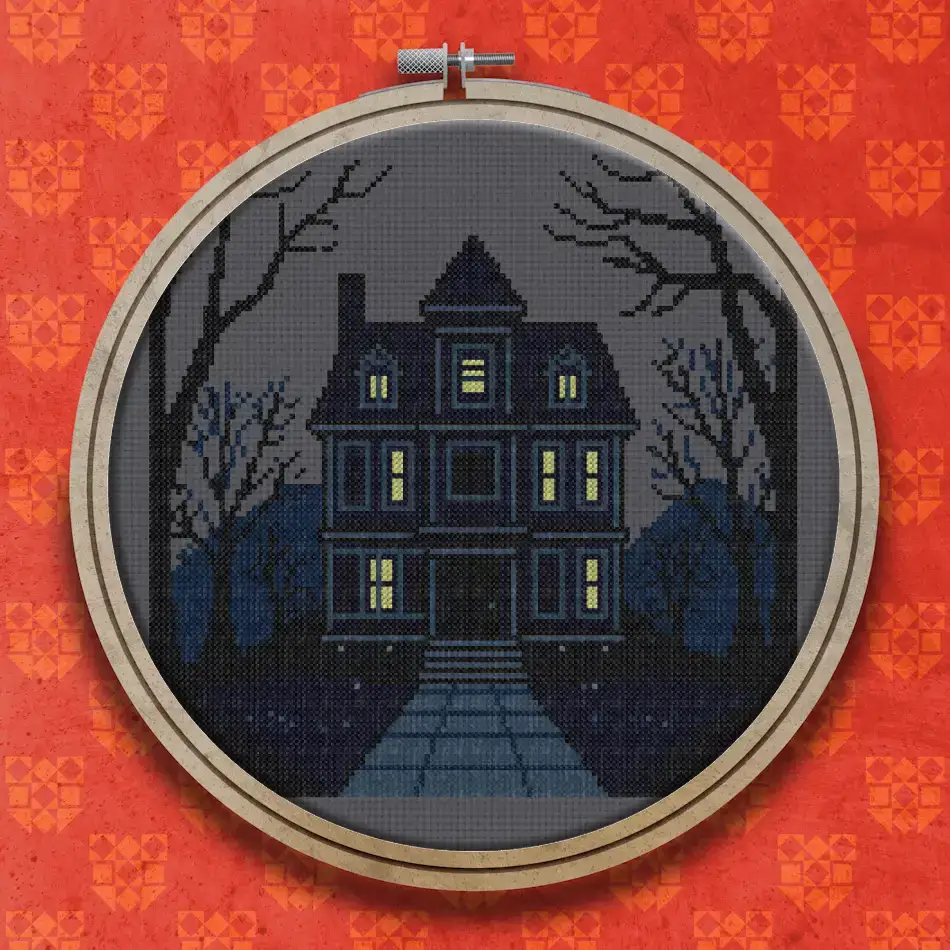 Dark blue Victorian mansion with a turret and glowing yellow windows, framed by bare trees, with a stone path leading to the door