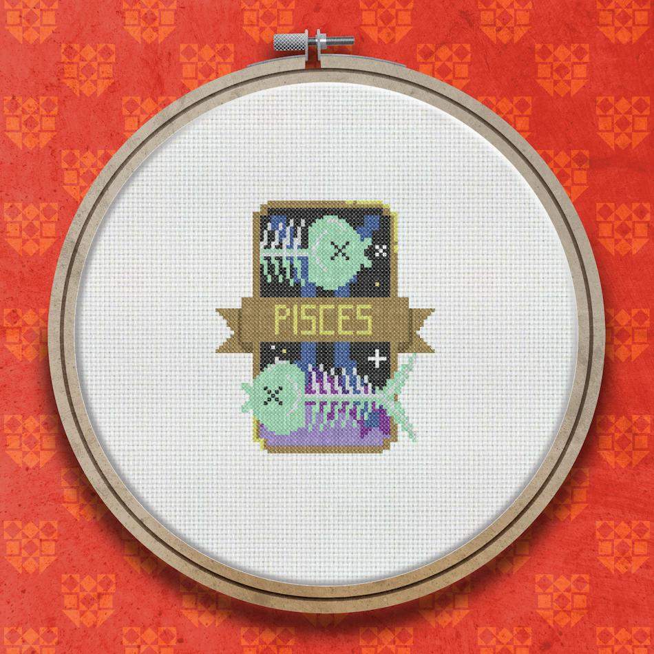 Cross stitch design showing two fish and the word Pisces on a dark background with small star and cross motifs in purples and teals