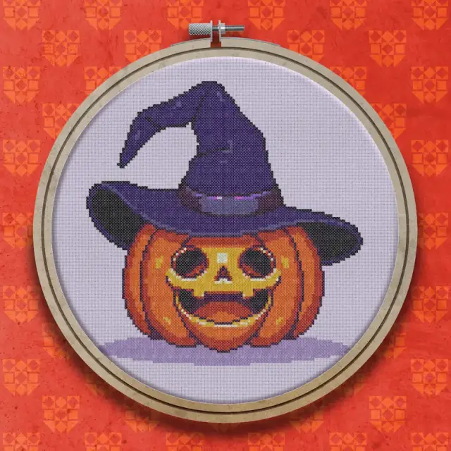 Carved Pumpkin in Purple Witch Hat cross stitch pattern