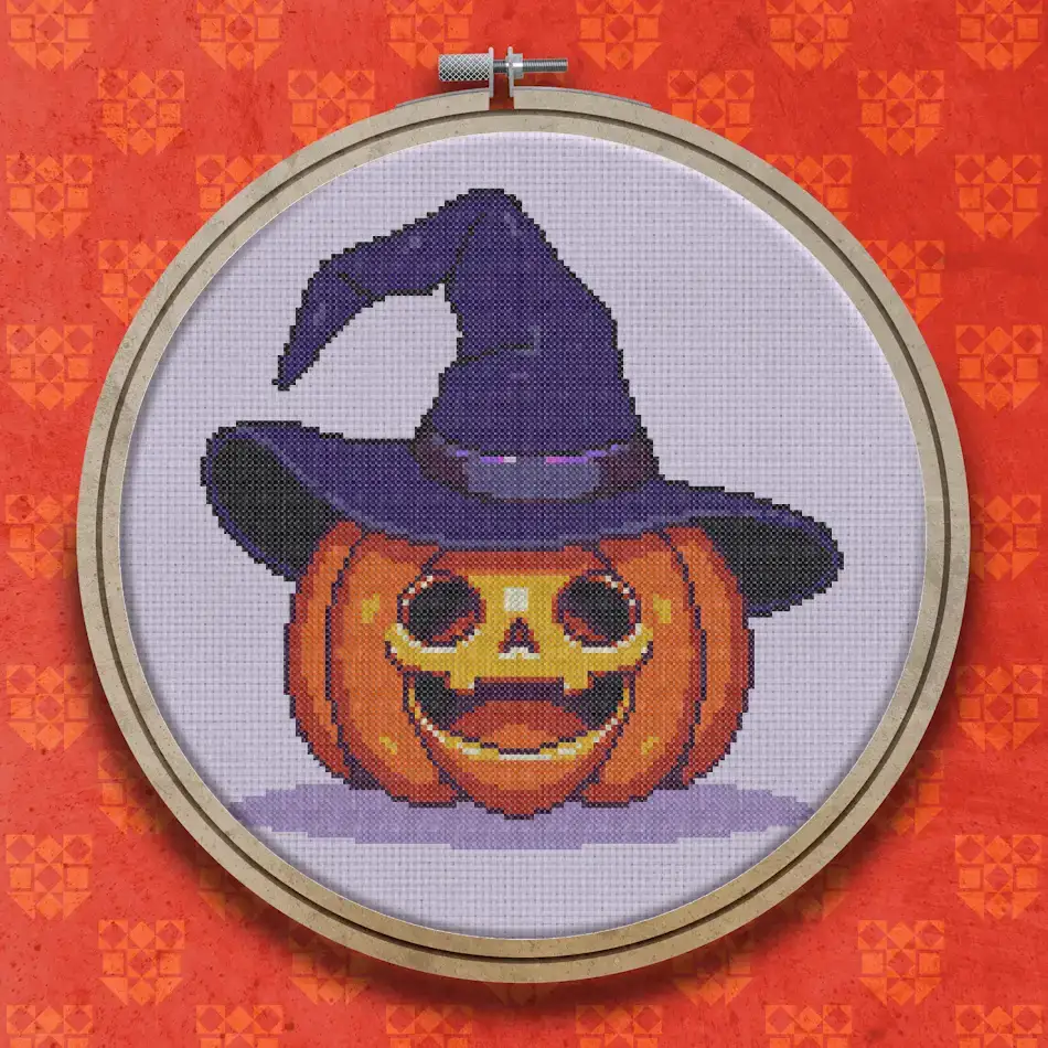 Smiling carved pumpkin with glowing eyes and a toothy grin, wearing a tilted purple witch hat with a band, on white.