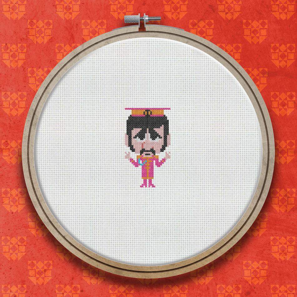 Cross stitch design of a cheerful figure in a red outfit and red cap with a small brim, resembling a classic pop musician caricature.