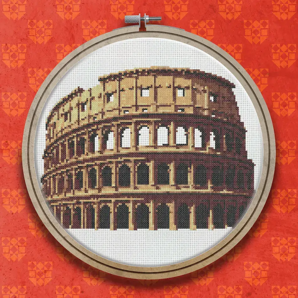 Cross stitch design of the Colosseum in Rome, showing its distinctive tiered arches in warm sandy and brown tones against a white background.
