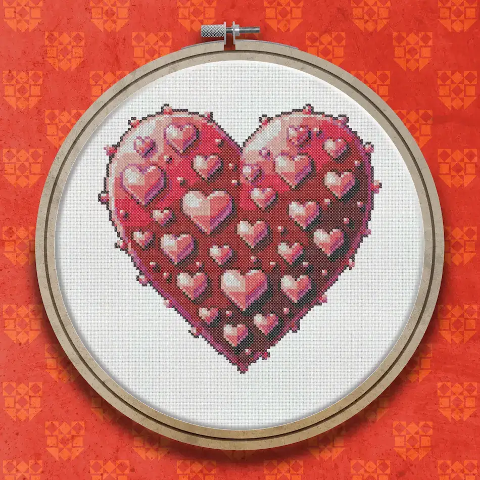 A large heart shape filled with many smaller hearts in varying shades of red and pink, creating a layered, clustered effect on a white background.