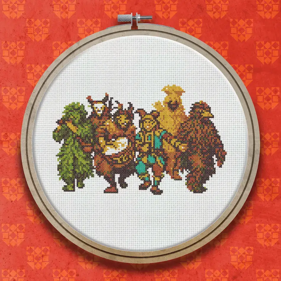 Cross stitch design showing five costumed medieval mummers including figures in shaggy beast costumes and a central character beating a drum.
