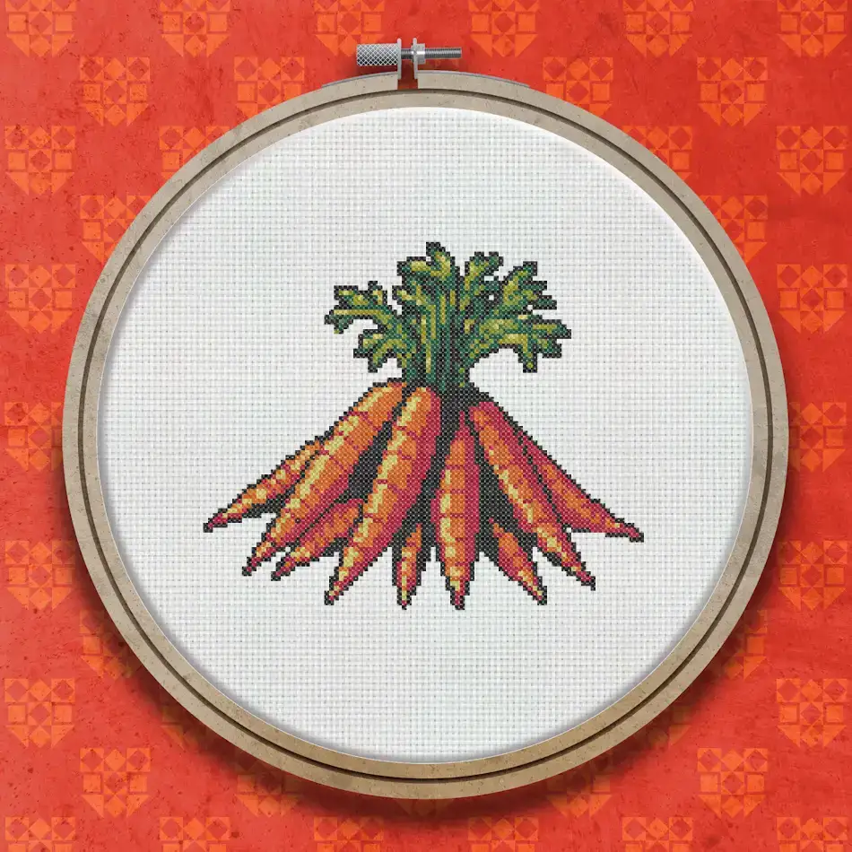 Cross stitch design of a bunch of five orange carrots with green leafy tops, grouped together against a white background.