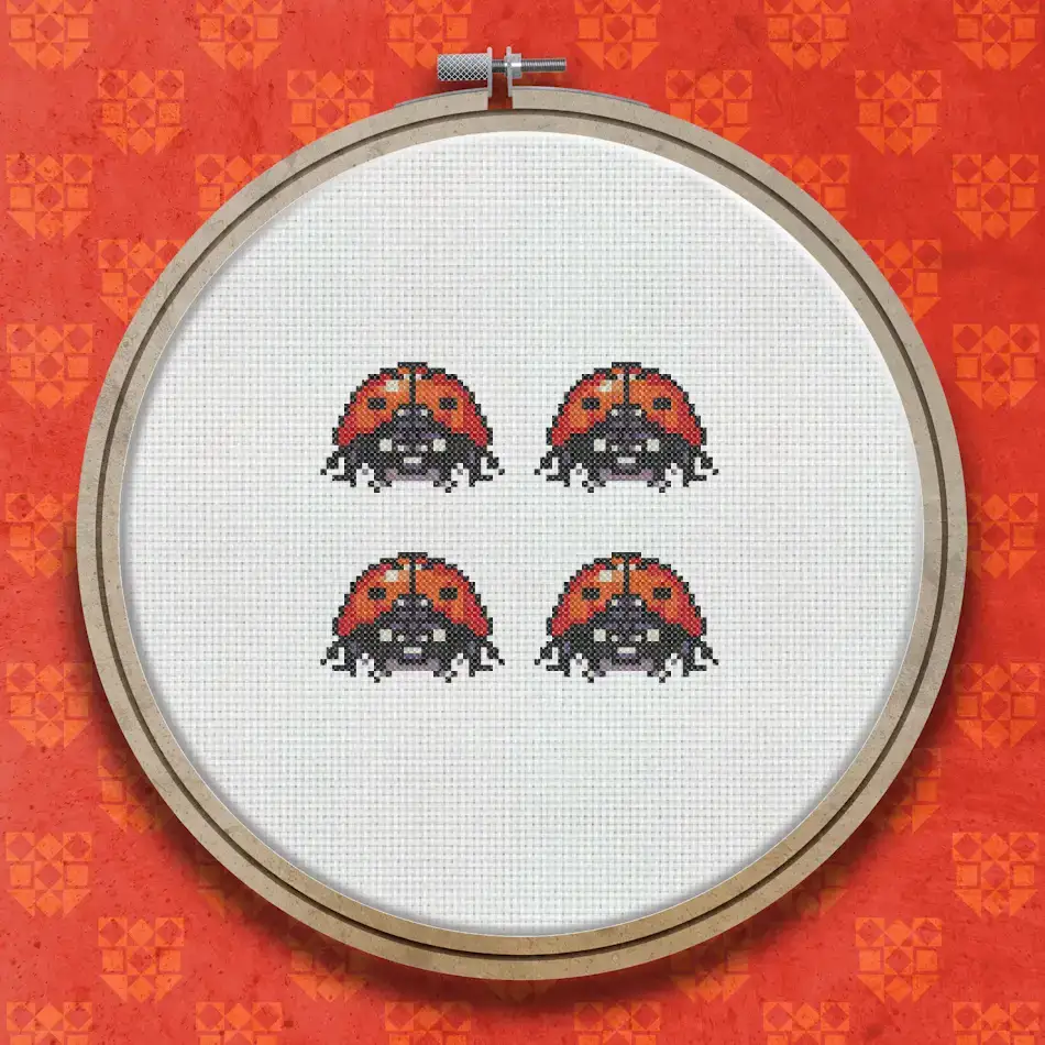 Four red ladybirds with black spots arranged in a two-by-two grid, each facing inward on a white background.