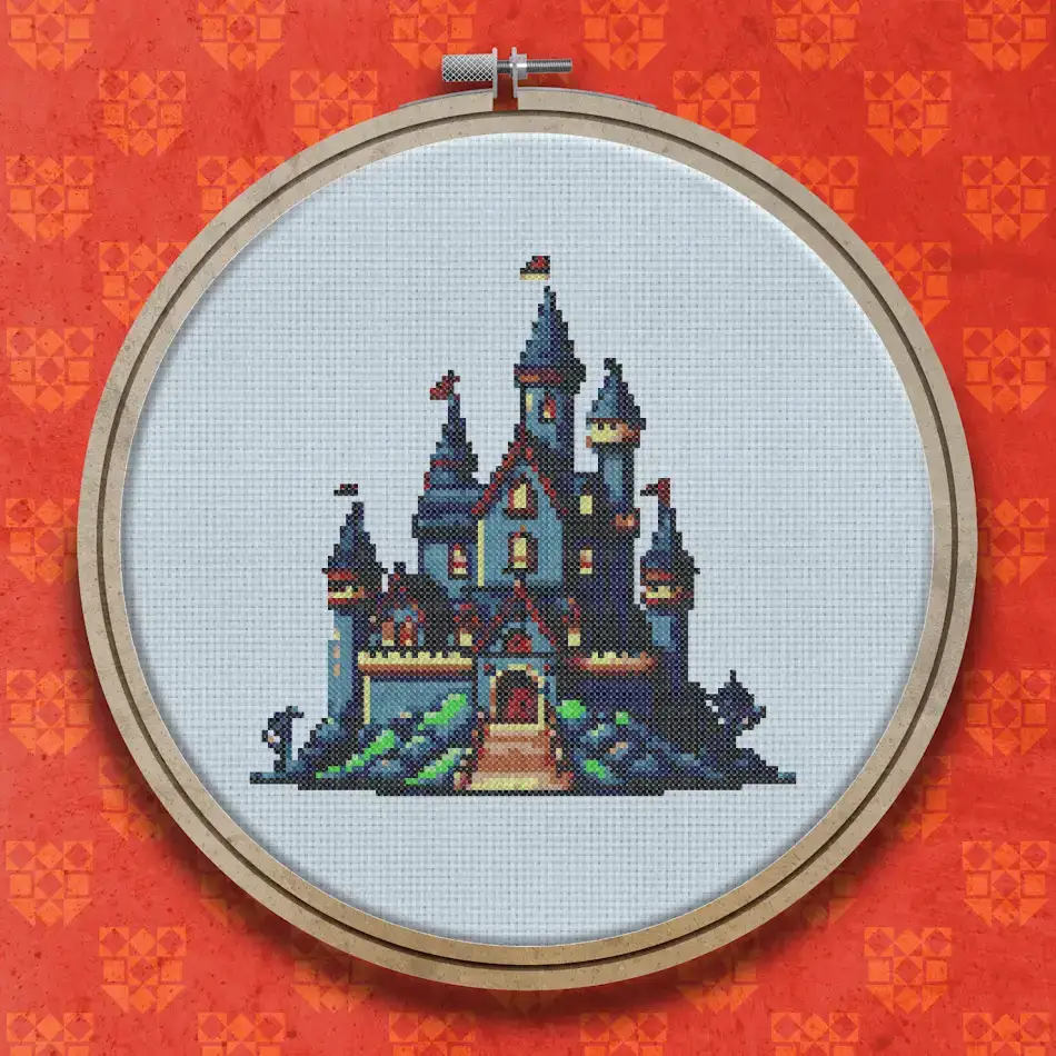 Pixel-style cross stitch design of a dark blue gothic castle with multiple pointed turrets, arched doorway, yellow-lit windows and a small flag on the tallest tower, set against deep shadowy grounds.