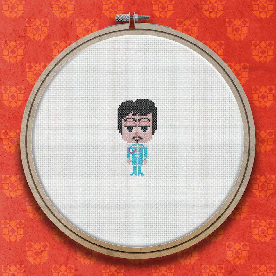 Cross stitch portrait of a dark-haired man in a light blue striped shirt, depicted in a small cheerful cartoon style against a white background.