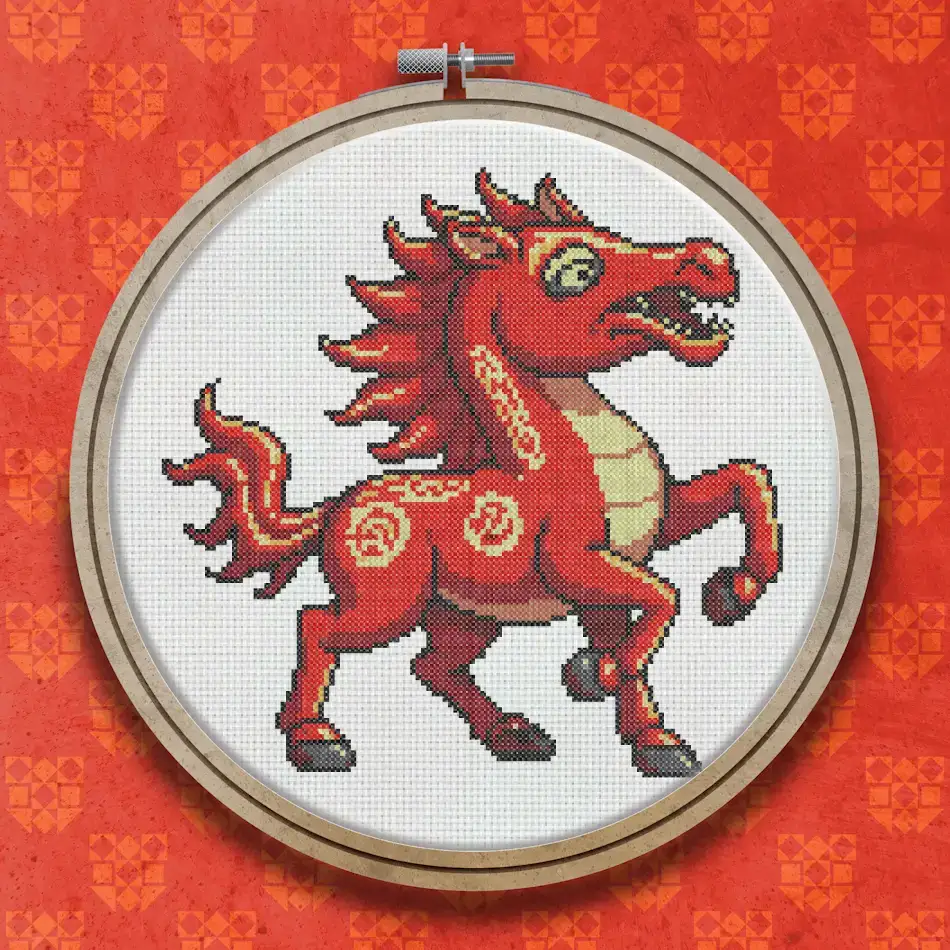 A rearing red horse with a flowing orange mane, decorated with swirling gold and orange motifs on its body, in a bold stylised design.