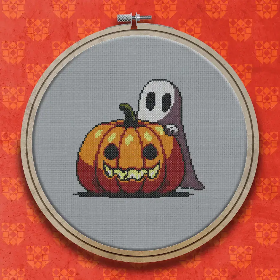 A grinning orange carved pumpkin with a small white ghost peeking out from behind it, on a plain background.