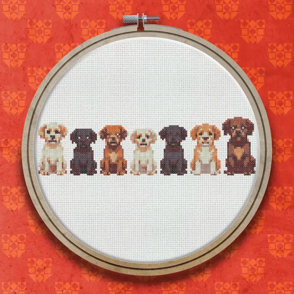 Seven small cartoon-style dogs sitting in a row, each a different breed and colour, from cream and golden to brown and chocolate tones.